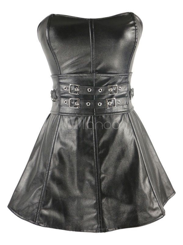 Black Corset Dress Leather Like Strapless Buckled Sexy Corset For Women ...