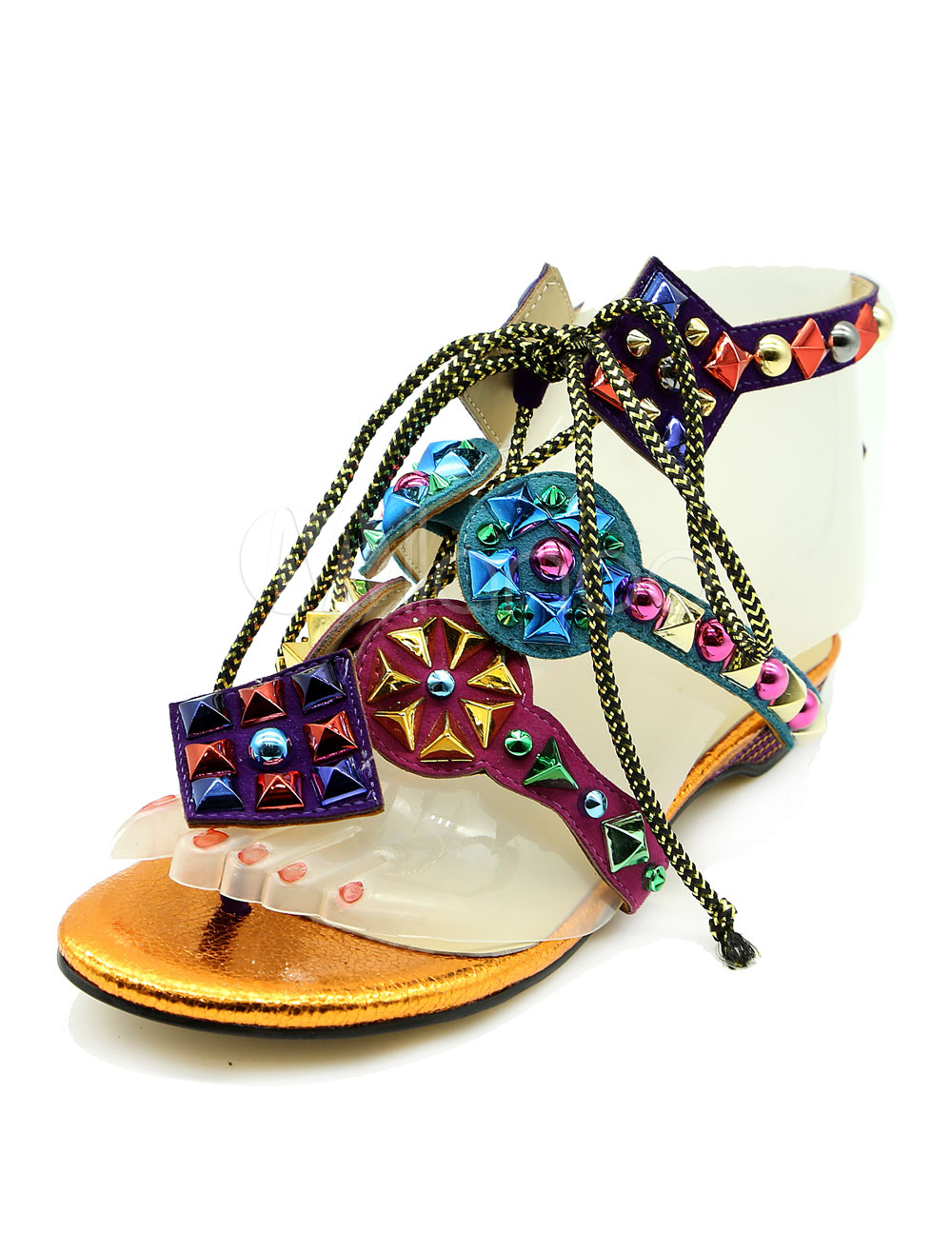 Women's Gladiator Sandals Purple Toe Post Beaded Lace Up Flat Sandals