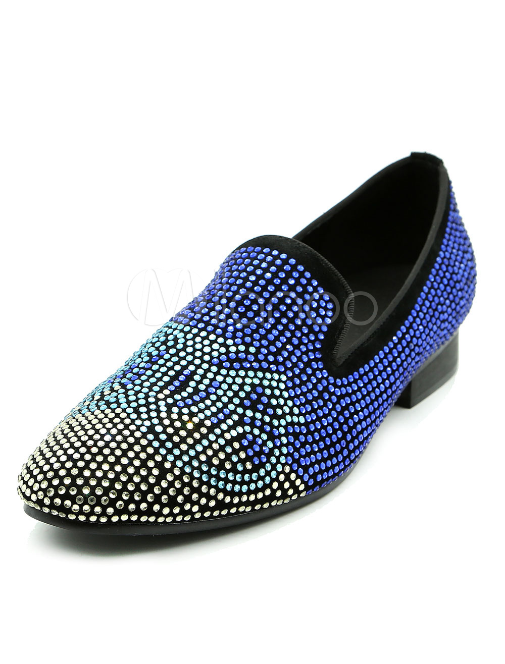 Blue Men's Loafers Round Toe Leather Rhinestones Slip On Flat Shoes ...