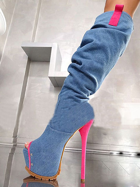 Zapatos de Fiesta | Botas altas mujer azulde tela de tacón de stiletto de punter Peep Toe 14cm de dos tonos Otoño Invierno 4cm slip-on estilo street wear - VL69787