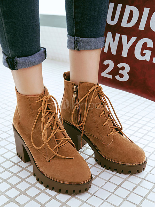 chunky heel booties brown