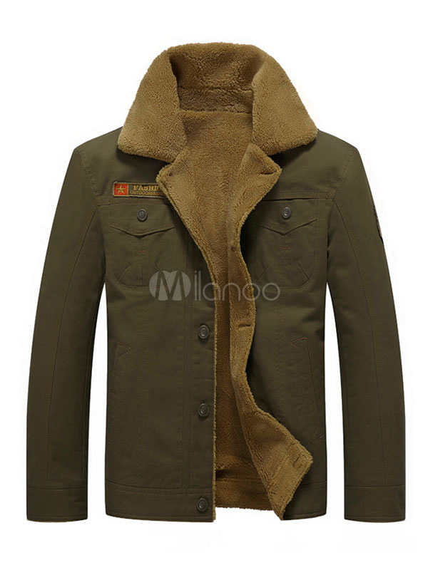 Khaki Winter Jacket Men's Turndown Collar Long Sleeve Regular Fit Short