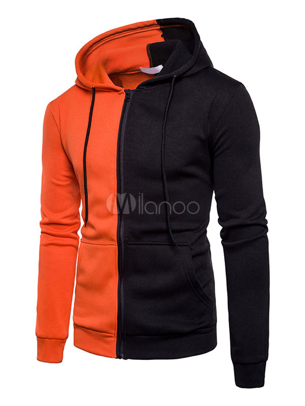 Orange Hoodie Jacket Hooded Long Sleeve Two Tone Regular Fit Sweatshirt ...