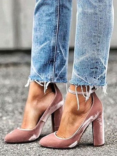 Flannel High Heels Pointed Toe Plus Size Ankle Strap Salmon Chunky Heel  Pumps - Milanoo.com