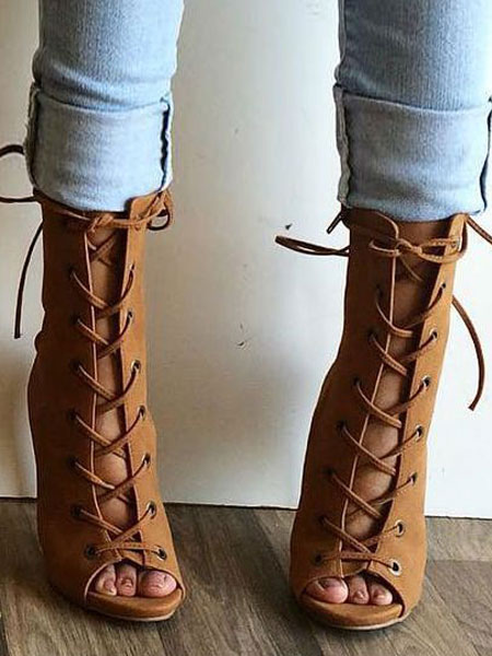 chunky heel lace up booties open toe