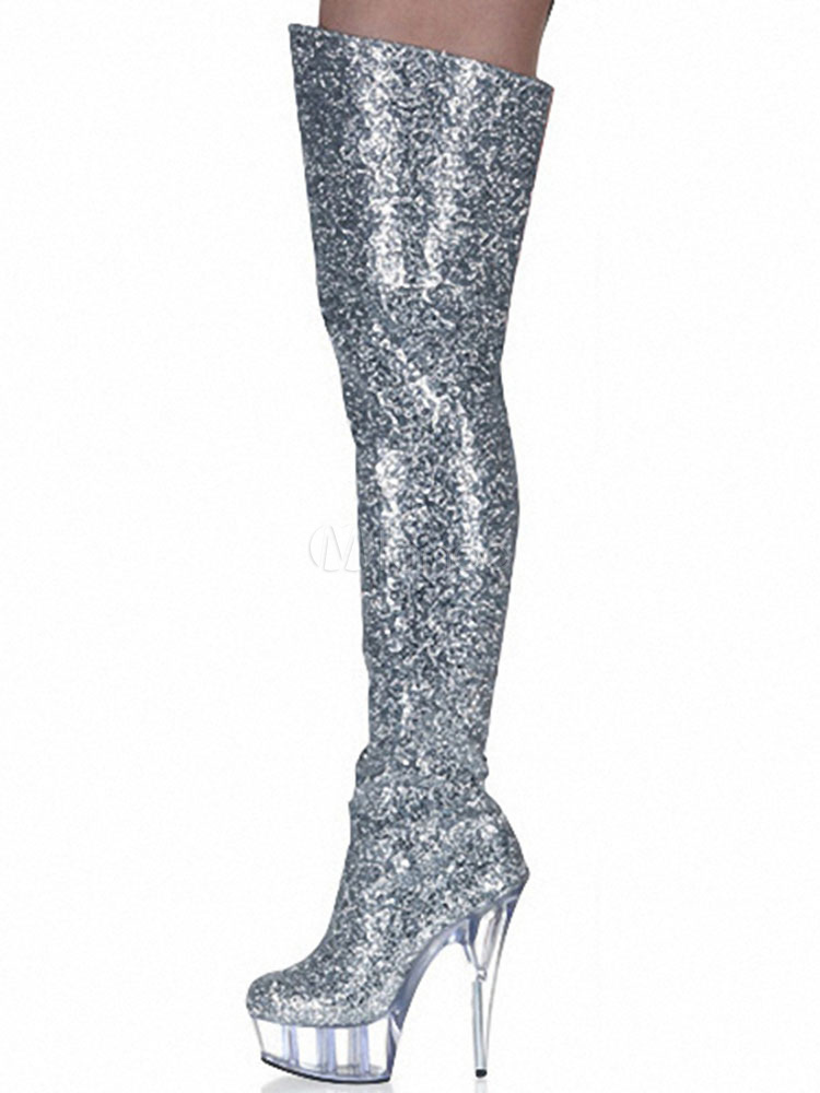 silver sparkle thigh high boots