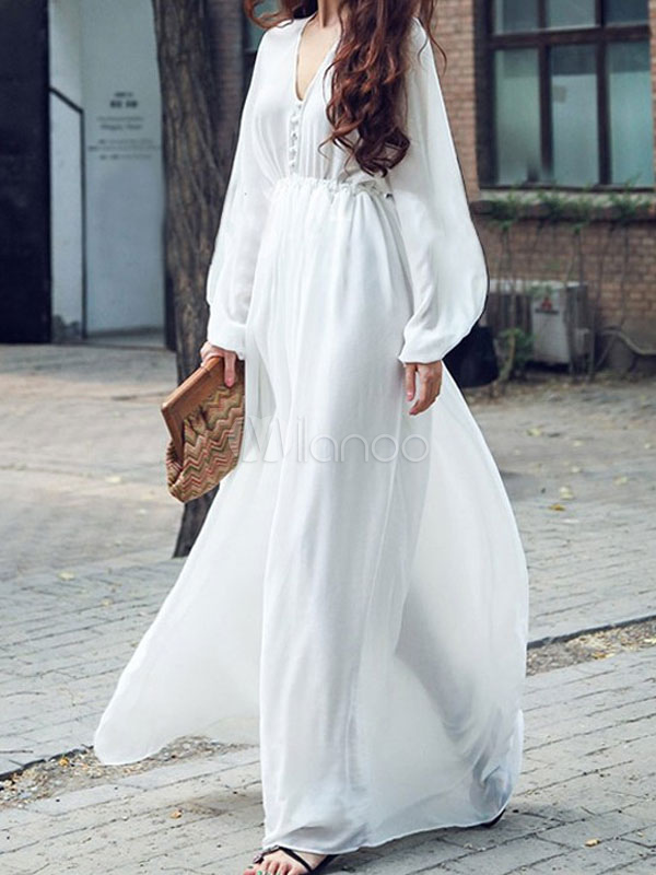 white long puff sleeve dress