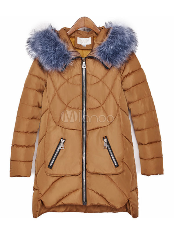 Women's Puffer Jacket Light Brown Hooded Long Sleeve High Low Winter