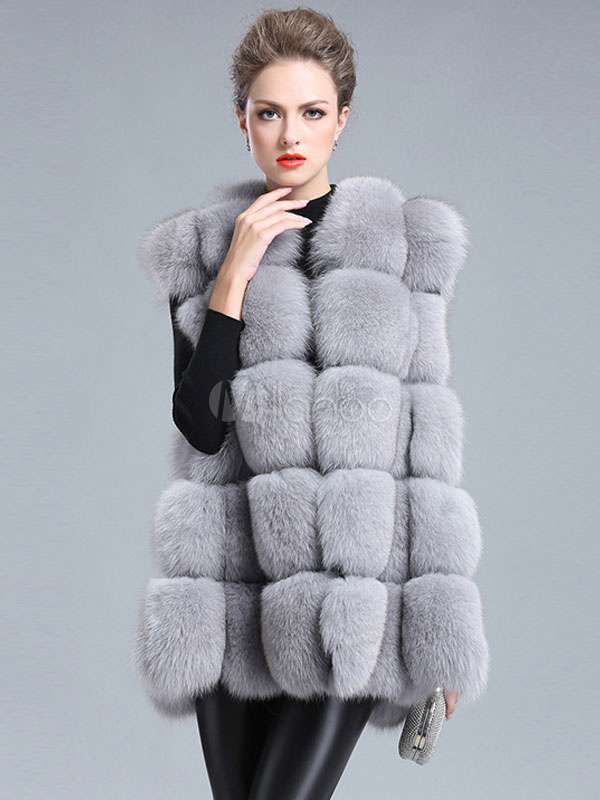 Faux Fur Vest Red Sleeveless Hooded Plaid Women's Winter Coat - Milanoo.com
