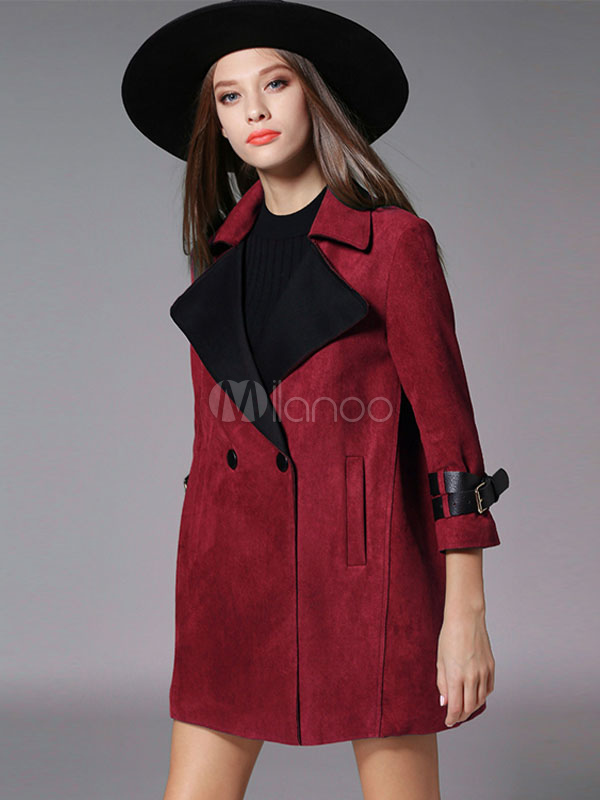 Burgundy Trench Coat Long Sleeve Turdown Collar Suede Wind Proof Winter ...