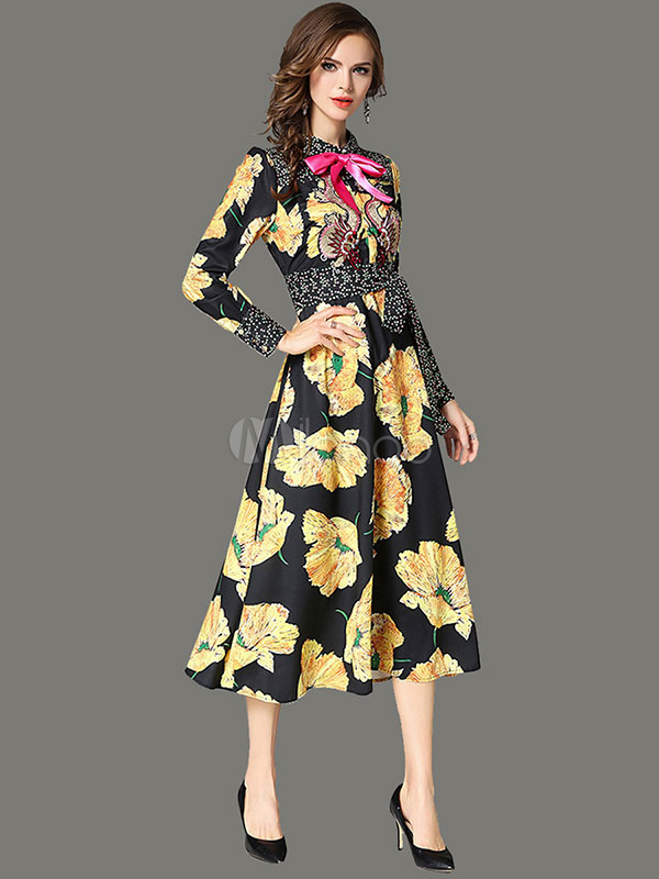 Embroidered Long Dress Floral Print Turndown Collar Long Sleeve ...