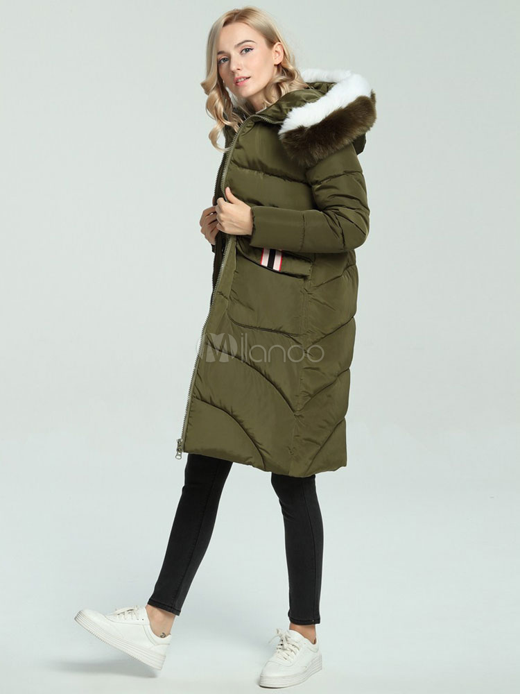 Women's Quilted Jacket Hunter Green Hooded Long Sleeve Faux Fur Winter