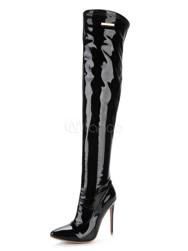 Thigh High Boots Red Pointed Toe Patent Leather Metal Detail High Heel ...