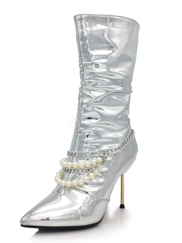 Women Silver Boots Pointed Toe Metallic Zipper Ruched Pearls Chains ...