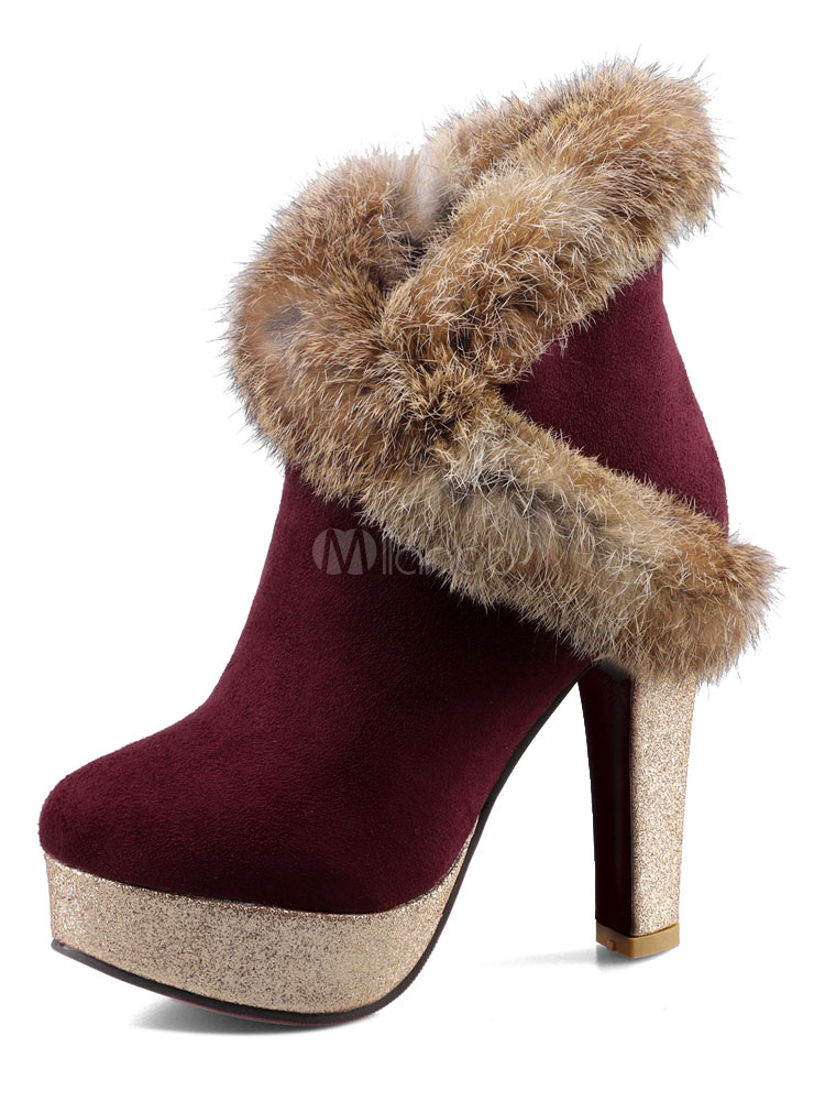 maroon fuzzy boots