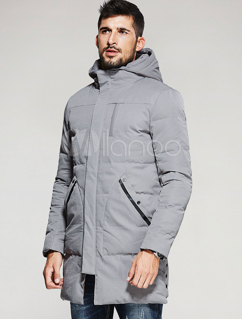 Grey Quilted Jacket Hooded Long Sleeve Slim Fit Winter Coat For Men
