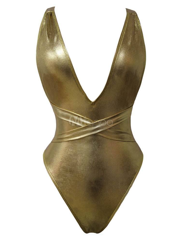 Sexy Metallic Gold One Piece Swimsuit Multiway Beach Bathing Suit For Women - Milanoo.com