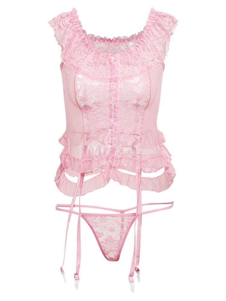 Sexy Camisoles Set Lace Ruffles Layered Soft Pink Top With Panties For ...