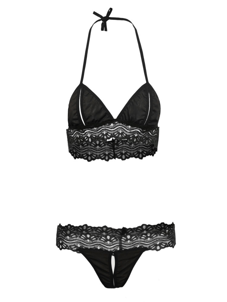 Black Bra Set Lace Patchwork Cut Out Sexy Lingerie 2 Piece For Women ...