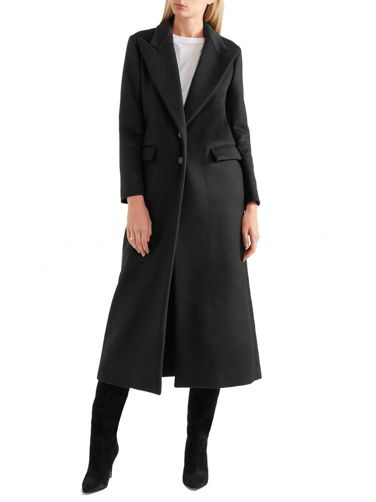 Black Wool Coat Long Sleeve Turndown Collar Split Women Winter Coat ...