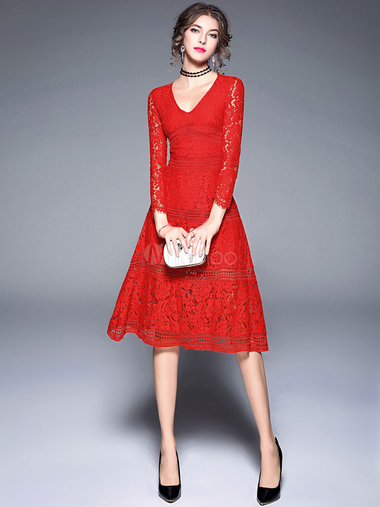 Red Lace Midi Dress with Sleeves | Dresses Images 2022