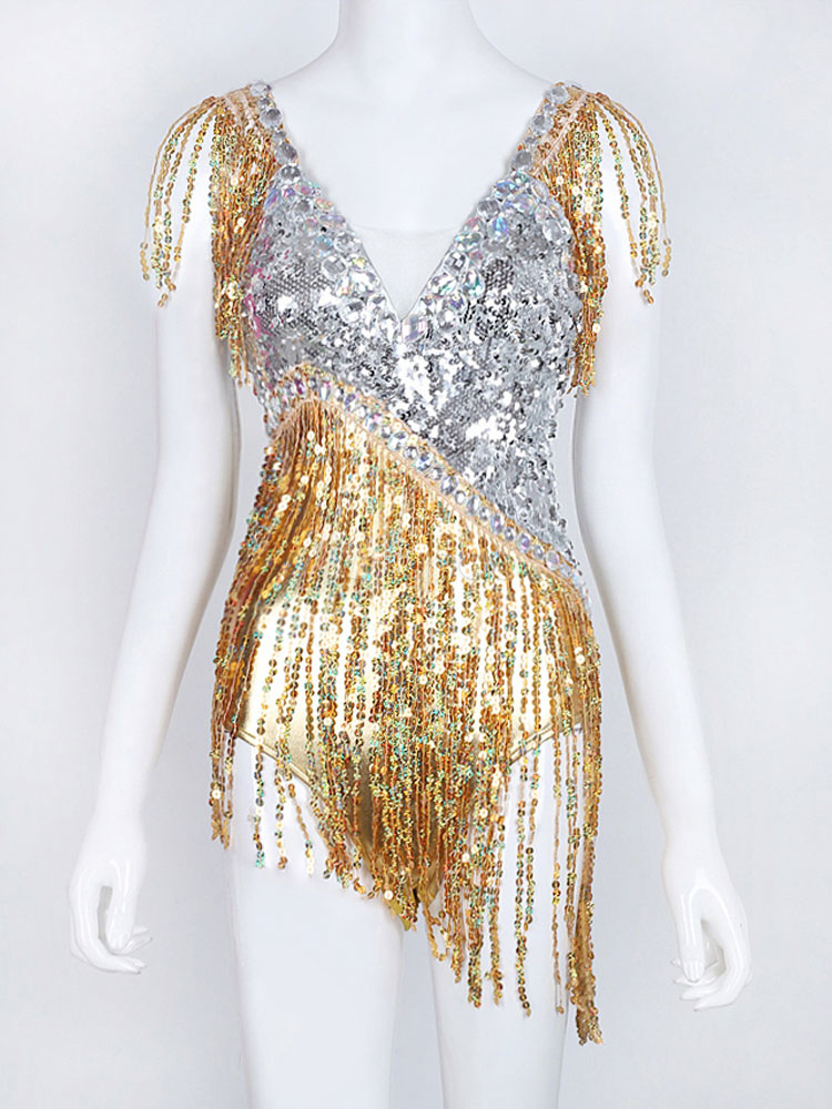 Jazz Dance Costume Women Gold Sequined Two Tone Playsuit