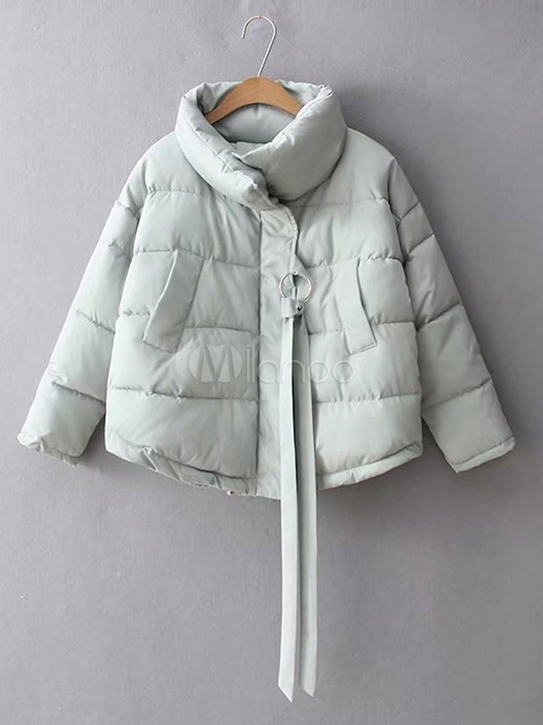 Black Quilted Jacket Women Long Sleeve Stand Collar Winter Coat