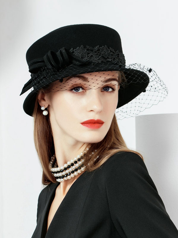 Women Vintage Hat Black Wool Veil Derby Hats - Milanoo.com