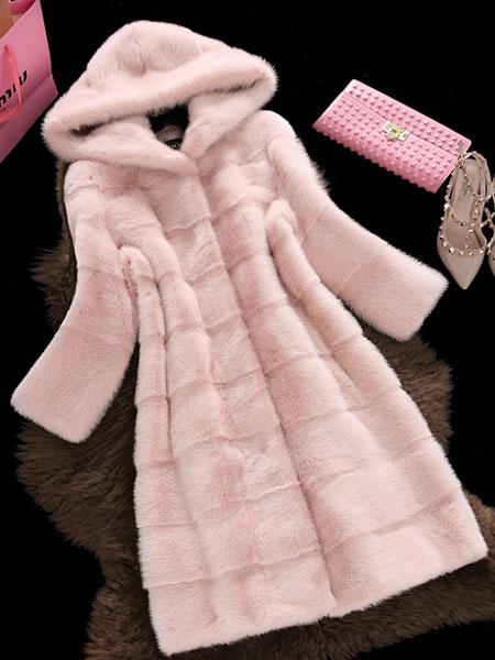 Women's Clothing Outerwear | Faux Fur Coat Hooded Long Sleeve Pink Winter Coat For Women - WG14832