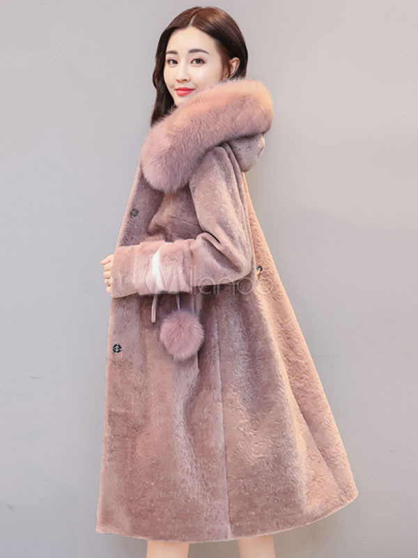 Faux Fur Coat Hooded Long Sleeve Pom Poms Pink Women Winter Coat ...