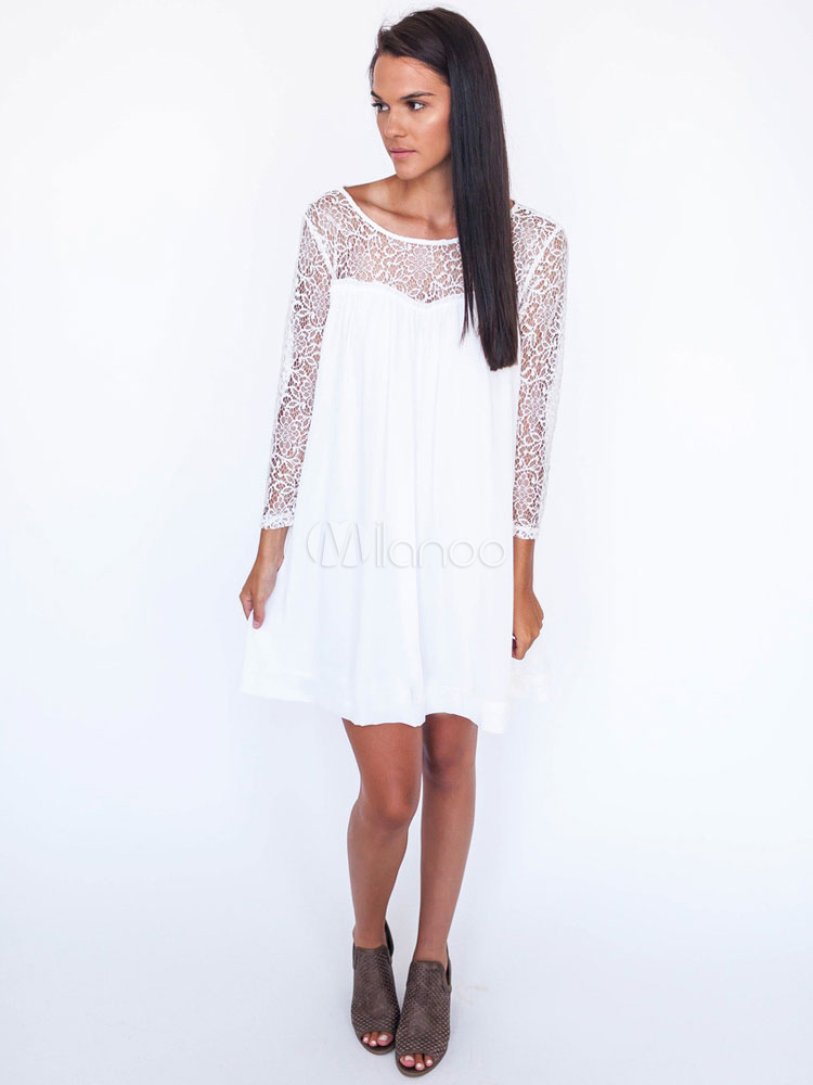 3 4 Sleeve White Lace Dress
