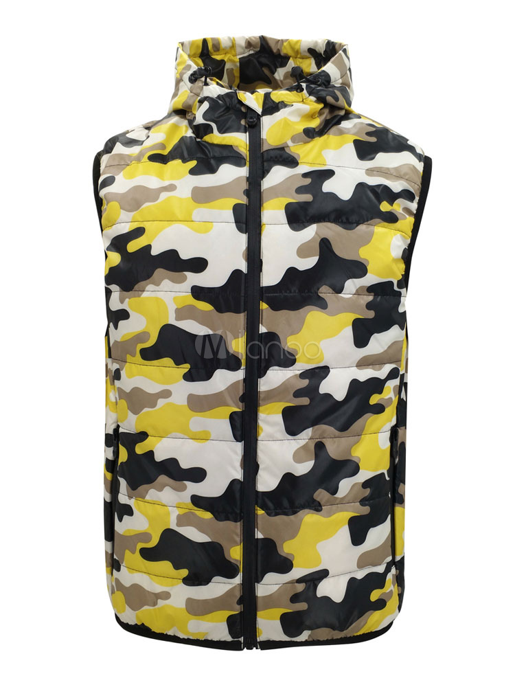 Sleeveless Hoodie Men Vest Coat Hooded Camo Printed Zip Up Puffer Coat - Milanoo.com