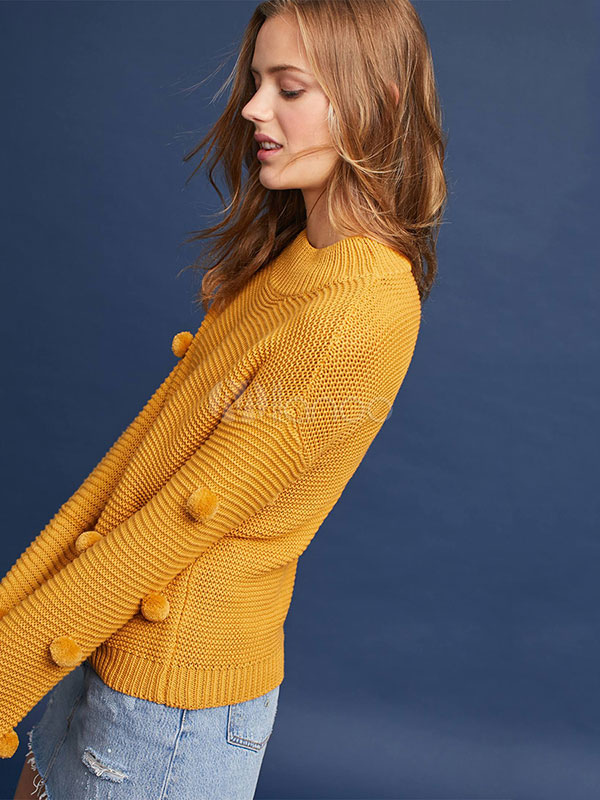 Women Orange Sweater Knit Sweater Pom Poms Pullover For Women
