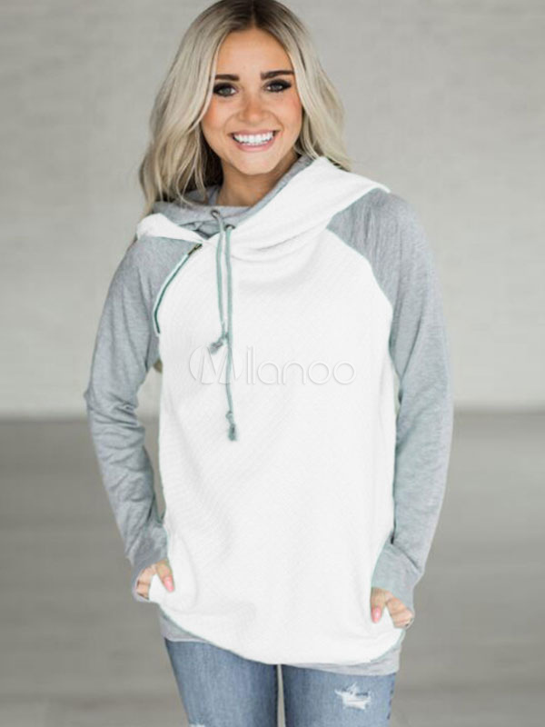 Women Pullover Hoodie Long Sleeve Light Blue Two Tone Hooded Sweatshirt ...