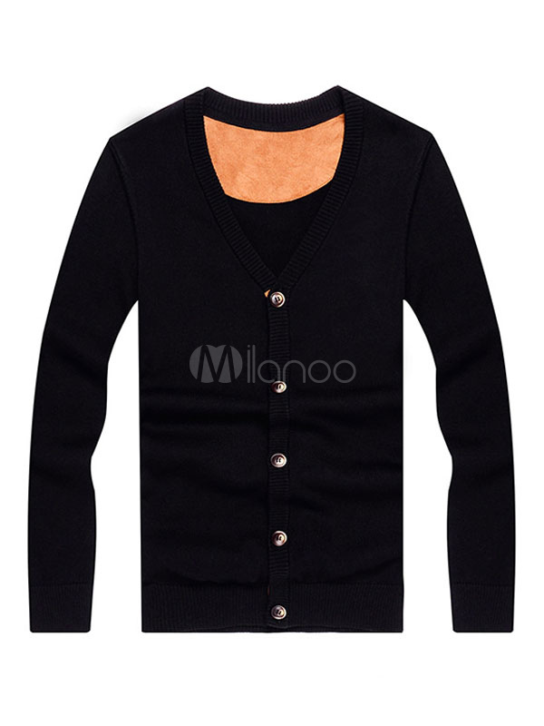 Black Cardigan Sweater V Neck Long Sleeve Two Tone Wool Cardigan Jacket ...