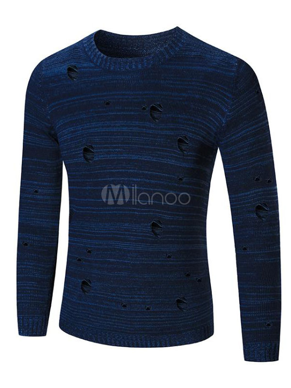 Mens Round Neck Knitted Two Tone Blue Navy Jumper Top Regular Fit