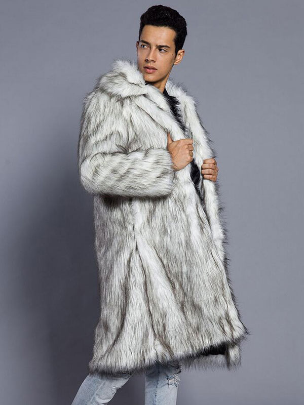 Faux Fur Coat White Long Sleeve Turndown Collar Men Winter Coat ...