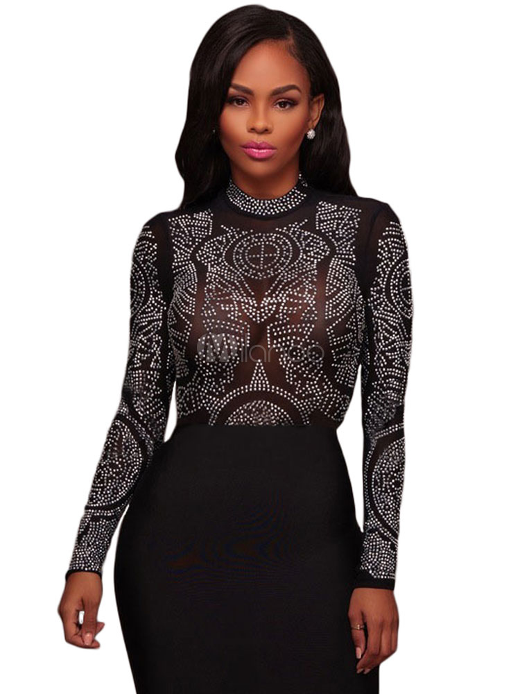 Long Sleeve Bodysuit Rhinestone Crewneck Women One Piece Bodysuit