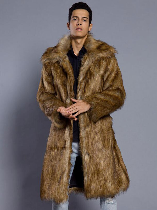 Faux Fur Coat Men Coat Turndown Collar Long Sleeve Oversized Overcoat ...