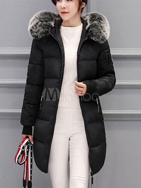 Women Quilted Jacket Hooded Long Sleeve Faux Fur Coat Pink Winter Coat ...