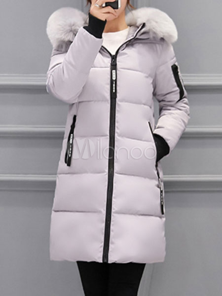 Women Quilted Jacket Hooded Long Sleeve Faux Fur Coat Pink Winter Coat ...