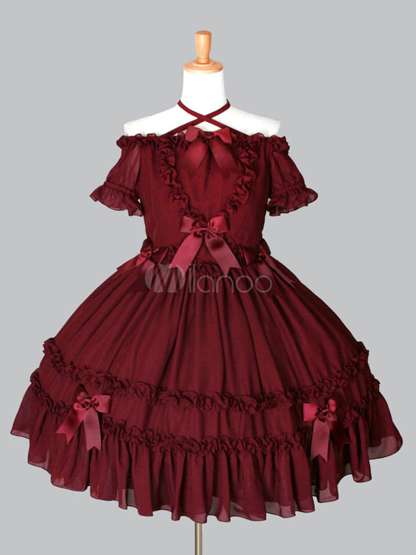 ロココロリータOPワンピースドレス　2023　オフショルダー　ホルター　フリル　リボン　シフォン　ワイン赤ロリータドレス　ショートスリーブ　アイドル衣装