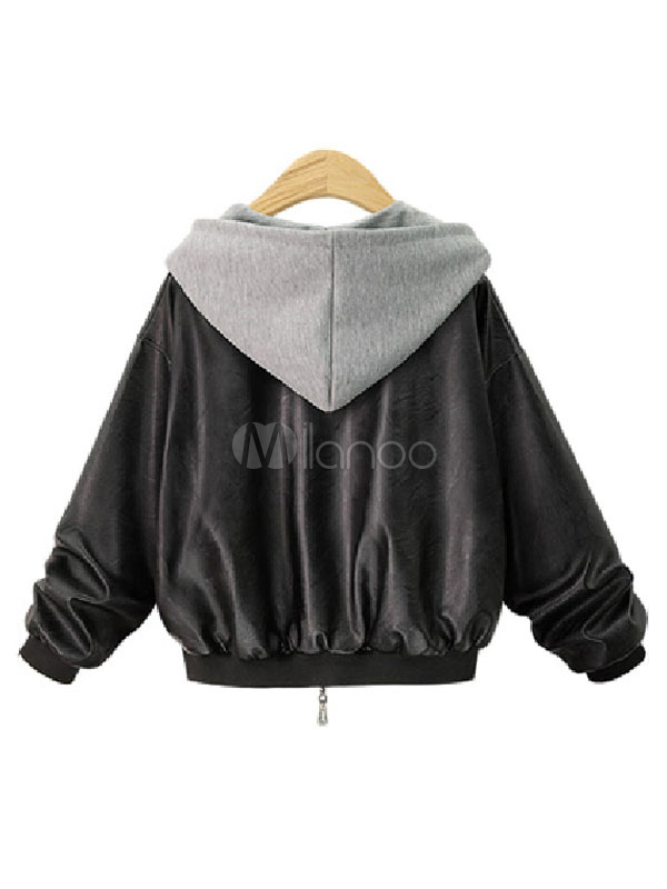 Black Leather Jacket Hooded Long Sleeve Fake Two Piece Style Plus Size Er For Women