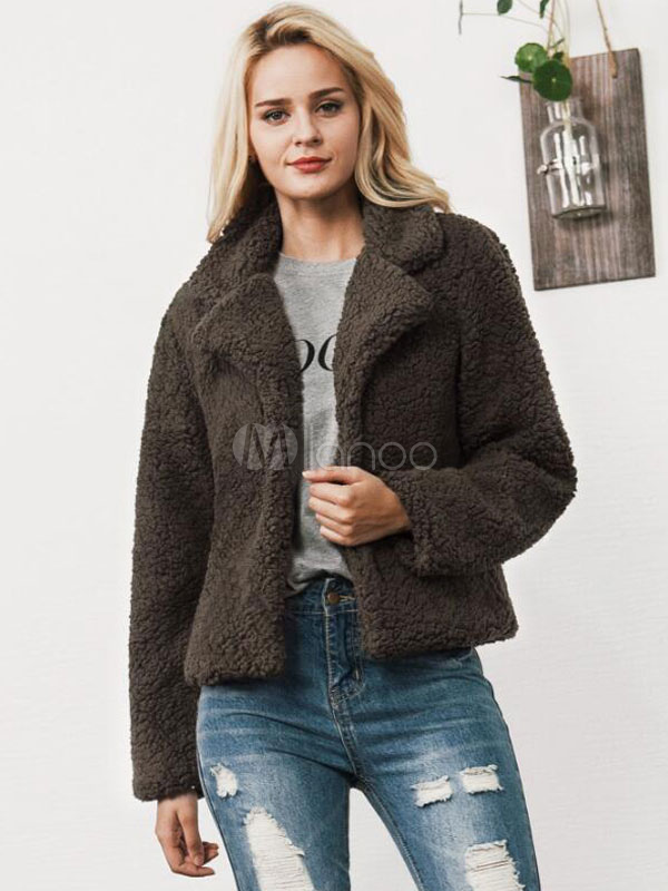 Teddy Bear Coat Faux Fur Jacket Wool Women Long Sleeve Notch Collar