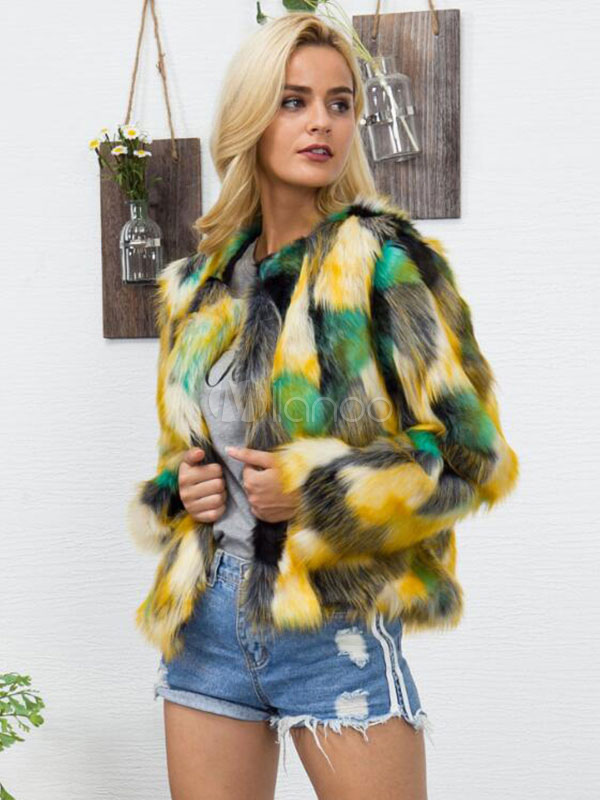Multicolor Faux Fur Coat Long Sleeve Round Neck Color Block Women Neon Green Winter Coat 