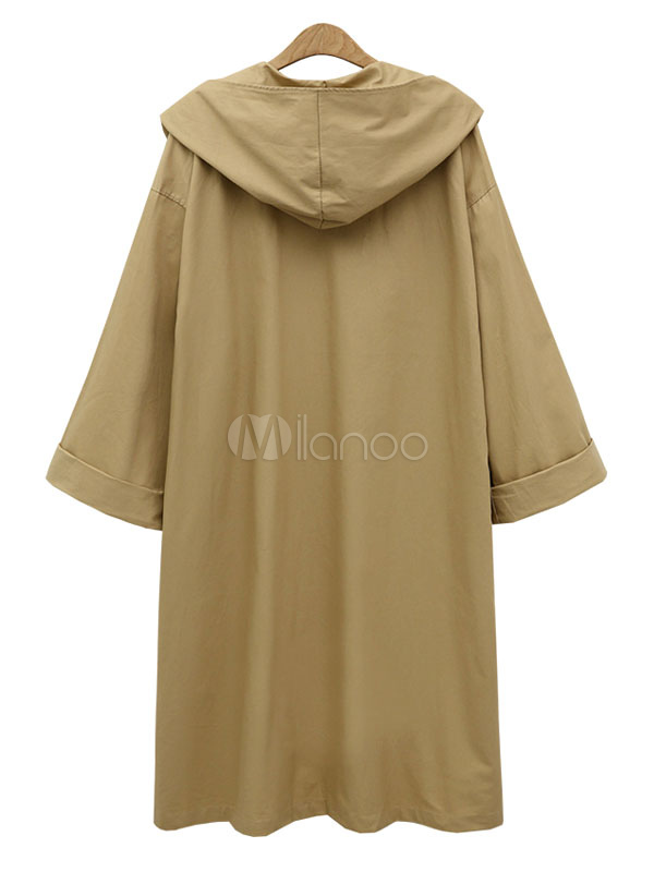 Women Trench Coat Hooded Long Sleeve Knotted Oversized Green Windbreaker