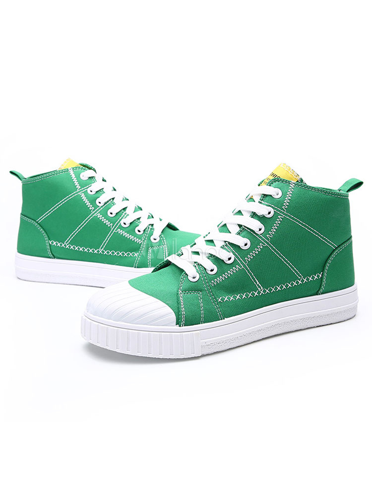 Men Skate Shoes Canvas Shoes Green Round Toe Lace Up High Top Sneakers