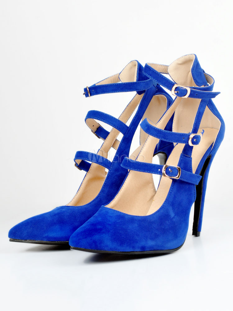 Women High Heels Pointed Toe Heels Royal Blue Buckle Detail Stiletto ...