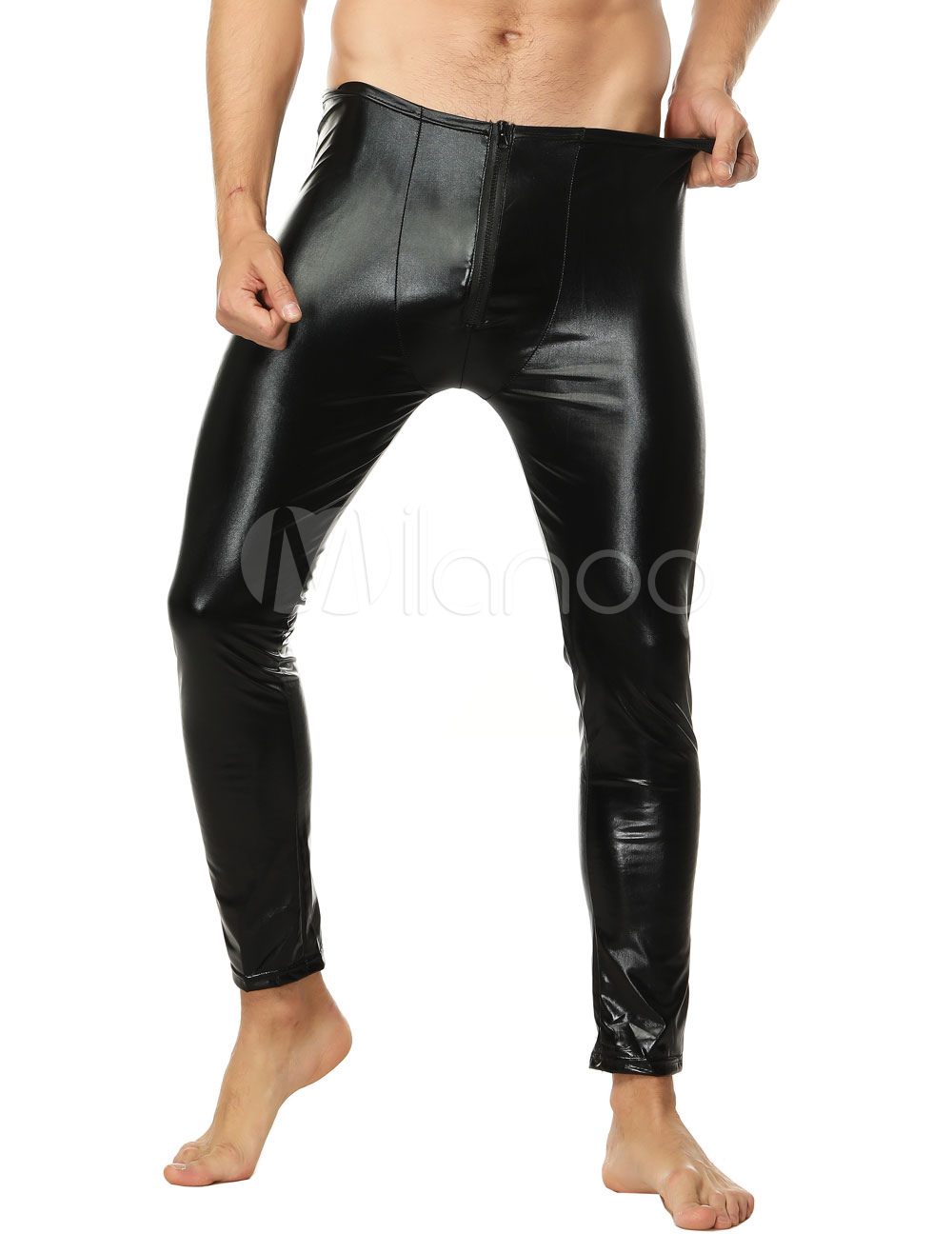 Men Long Johns Black Lycra Spandex Skinny Leg Pants
