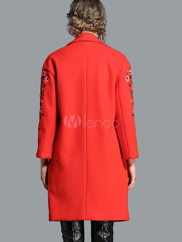 Women Tweed Coat Long Sleeve Notch Collar Embroidered Orange Winter Coat
